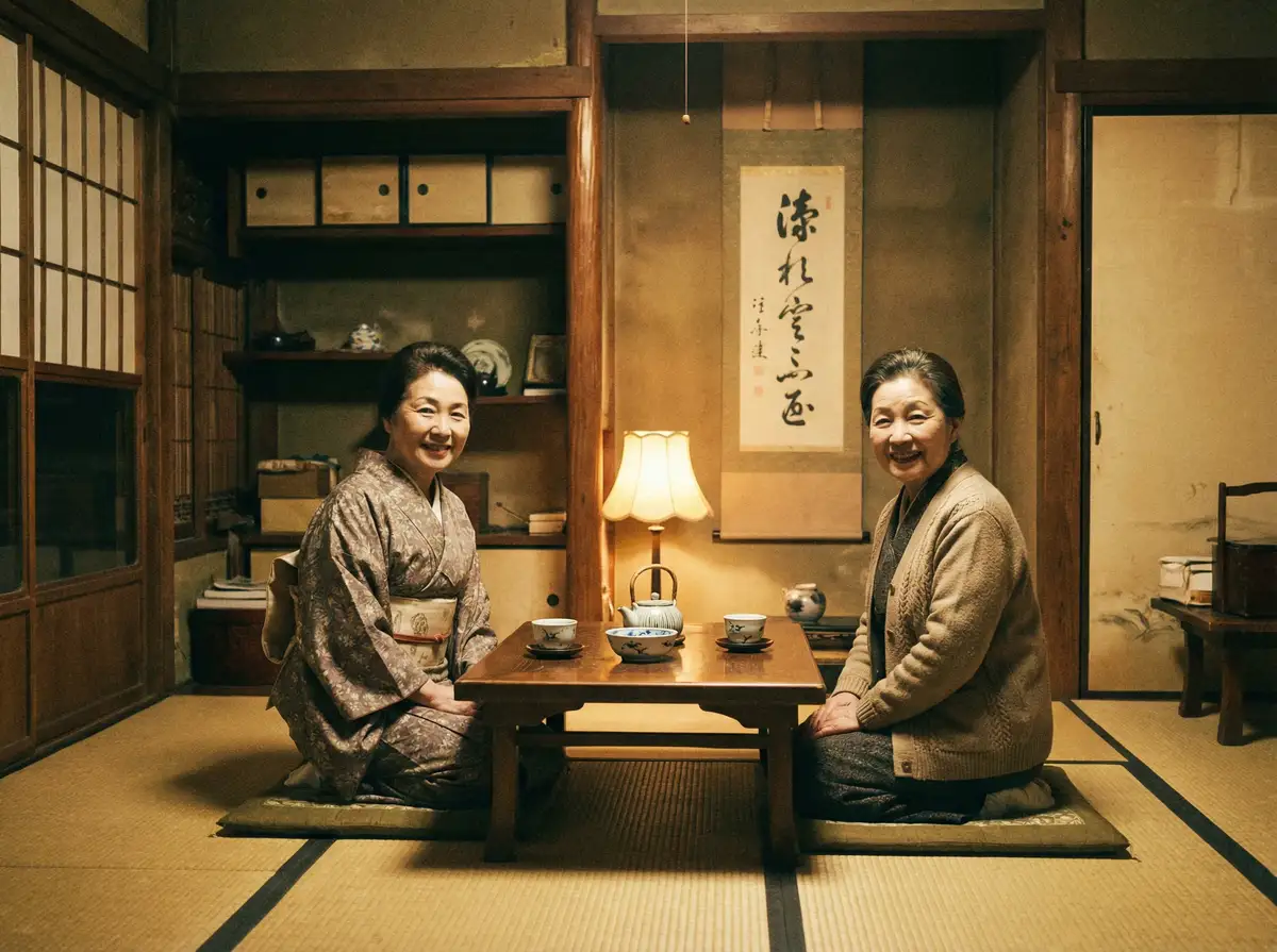 两位优雅的 九色tv 在日式茶室中品茶交谈